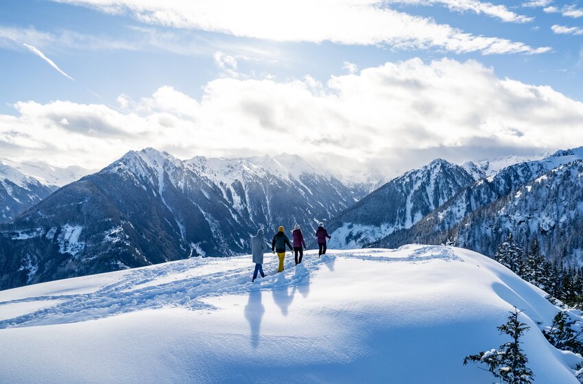 Four people hike through fresh powder snow with views of snowy peaks and a wintry alpine landscape. | © Winterwanderbilder (c) Gerald Oberreiter