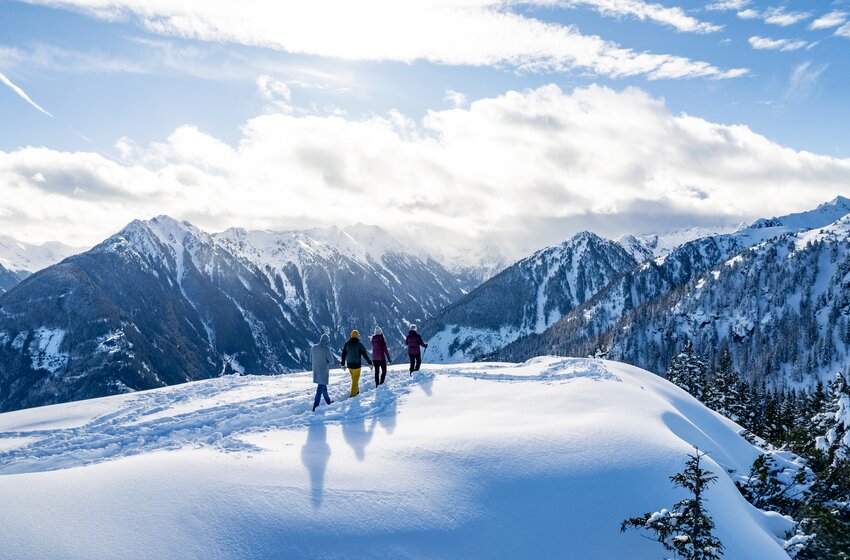Vier Personen wandern durch frischen Pulverschnee mit Blick auf verschneite Berggipfel und winterliche Alpenlandschaft. | © Winterwanderbilder (c) Gerald Oberreiter